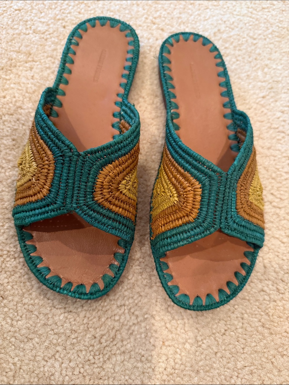 CARRIE FORBES Women’s Woven Slide Sandals in Green and Mustard